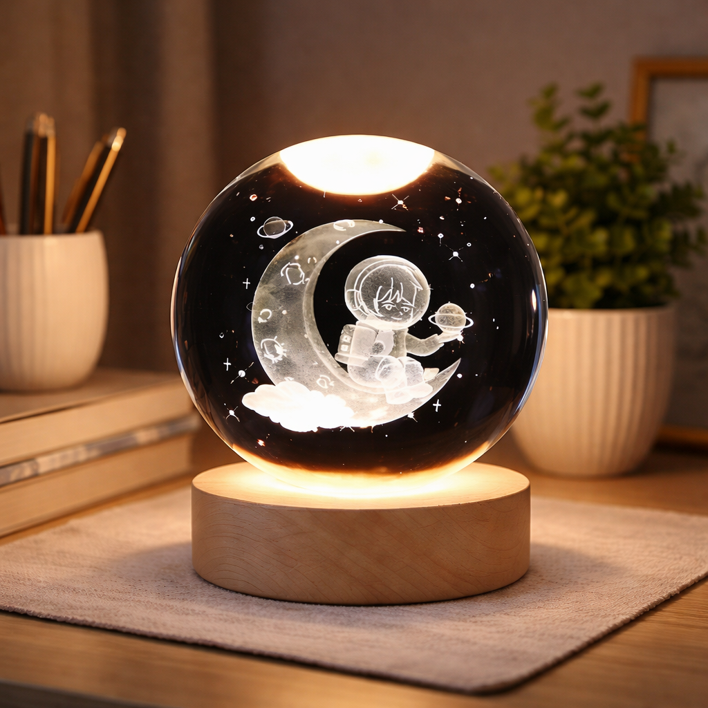 Abajur de Mesa de Cristal com Esfera de Cristal LED e Base de Madeira.