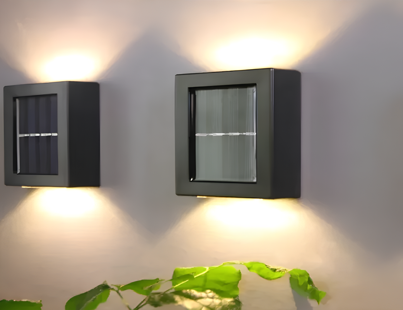 Lâmpada solar LED fina com 2 focos de luz quente para parede.