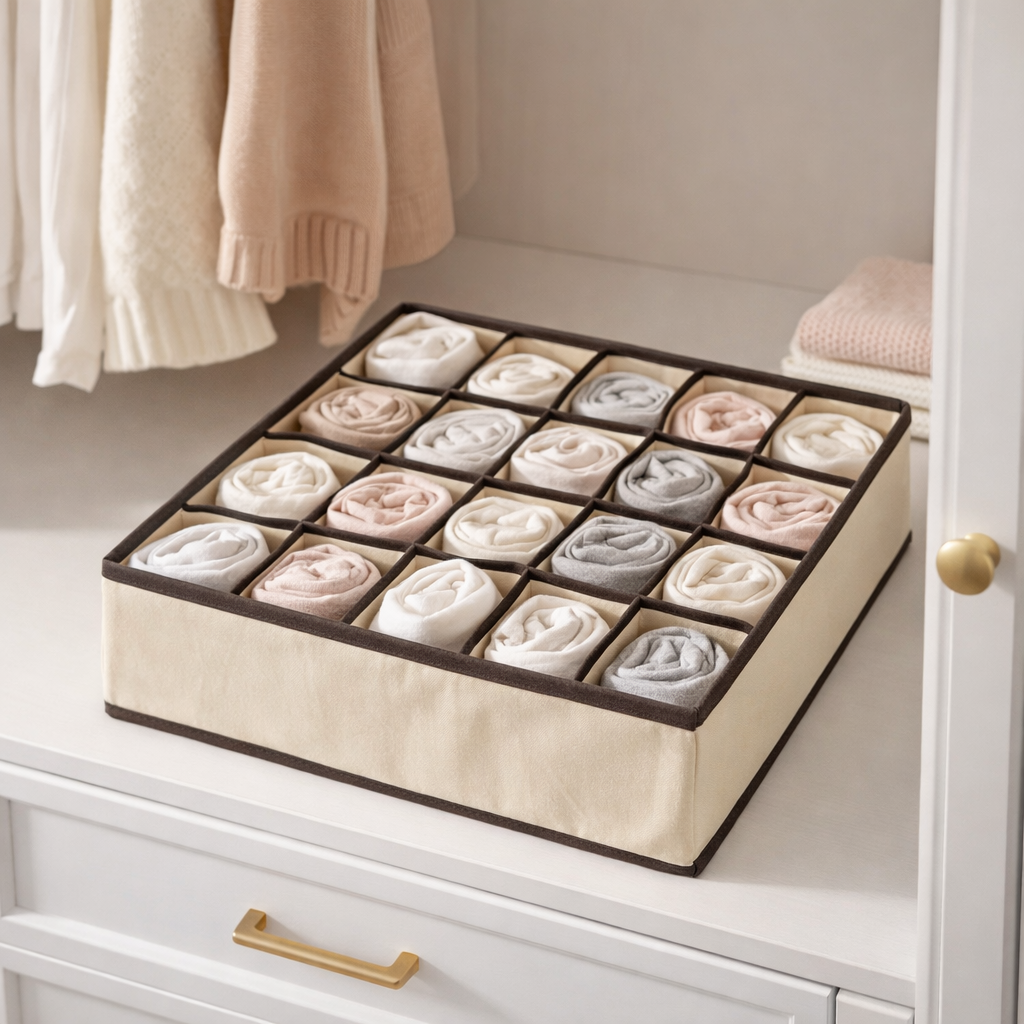 Organizador de gavetas com 24 divisões para roupas, dobragem de roupas e objetos em geral.