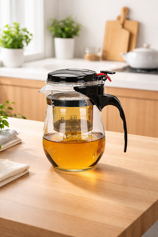 Conjuntos de chaleiras resistentes ao calor, bules e xícaras de chá.