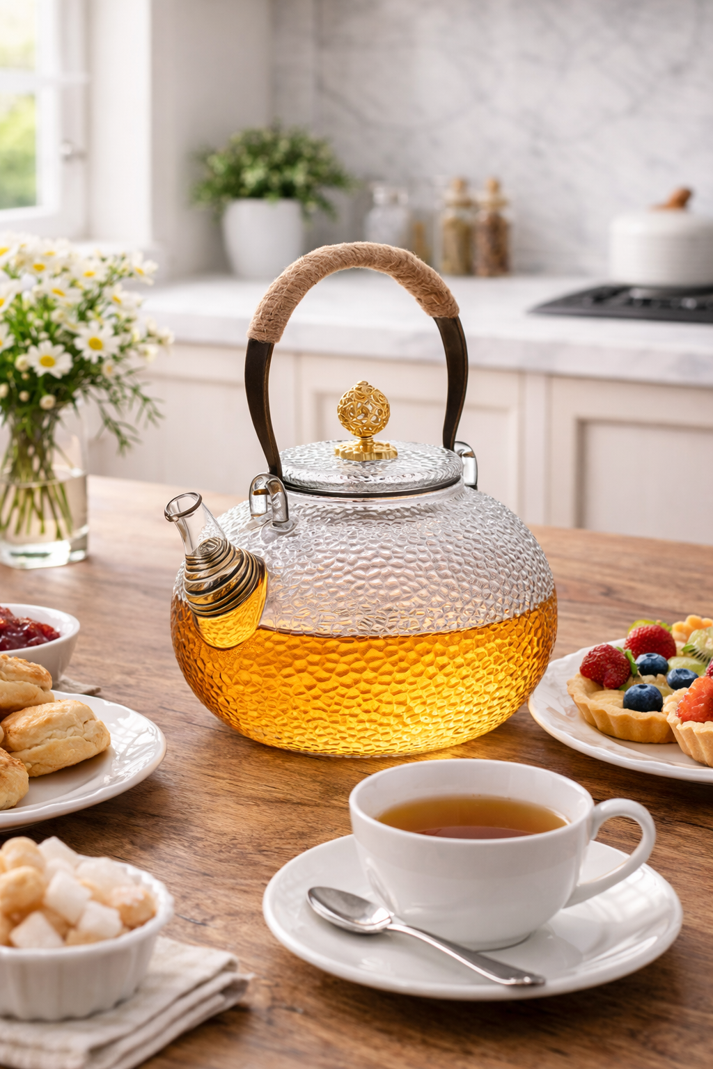 Chaleira de chá com infusor de frutas e design floral em martelo, ideal para uso doméstico.