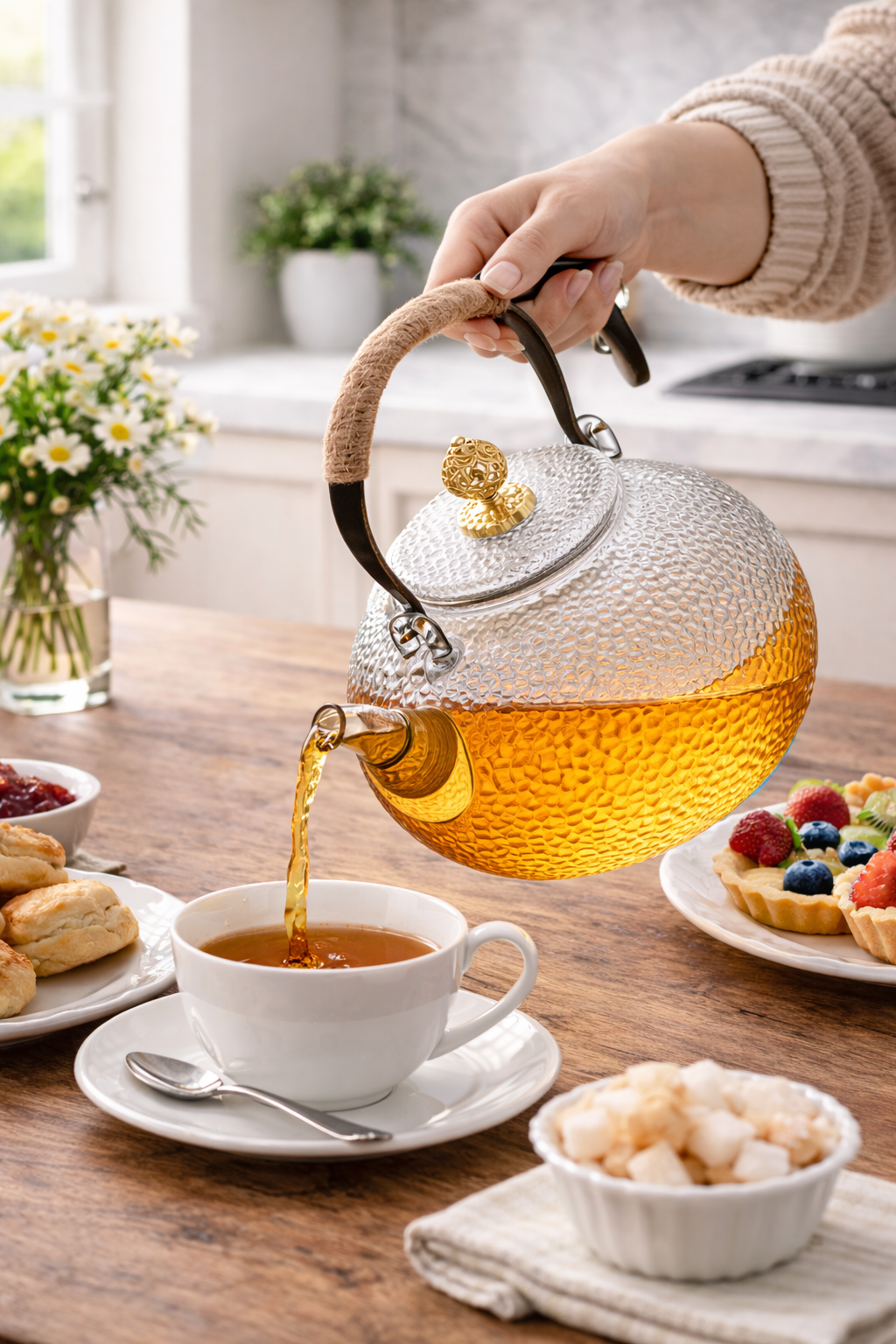 Chaleira de chá com infusor de frutas e design floral em martelo, ideal para uso doméstico.