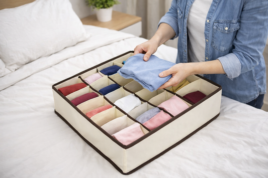 Organizador de gavetas com 24 divisões para roupas, dobragem de roupas e objetos em geral.